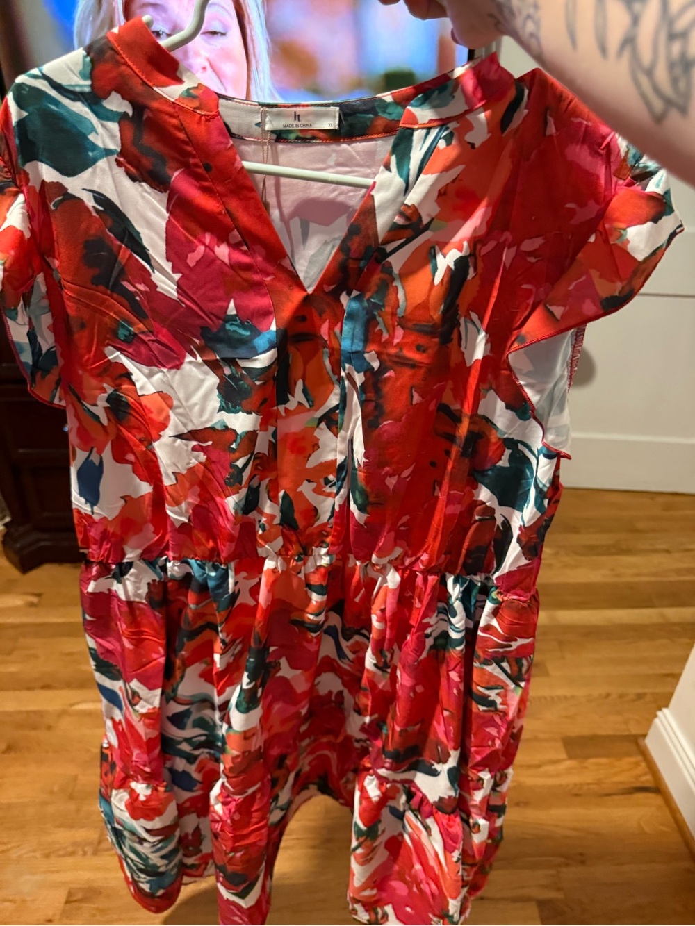 Vibrant Red Floral V-Neck Tiered Tunic Dress